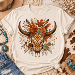 Orange Western Cow Skull with Roses & Feathers PNG (Digital Download)