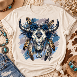 Blue Western Cow Skull with Roses & Feathers PNG (Digital Download)