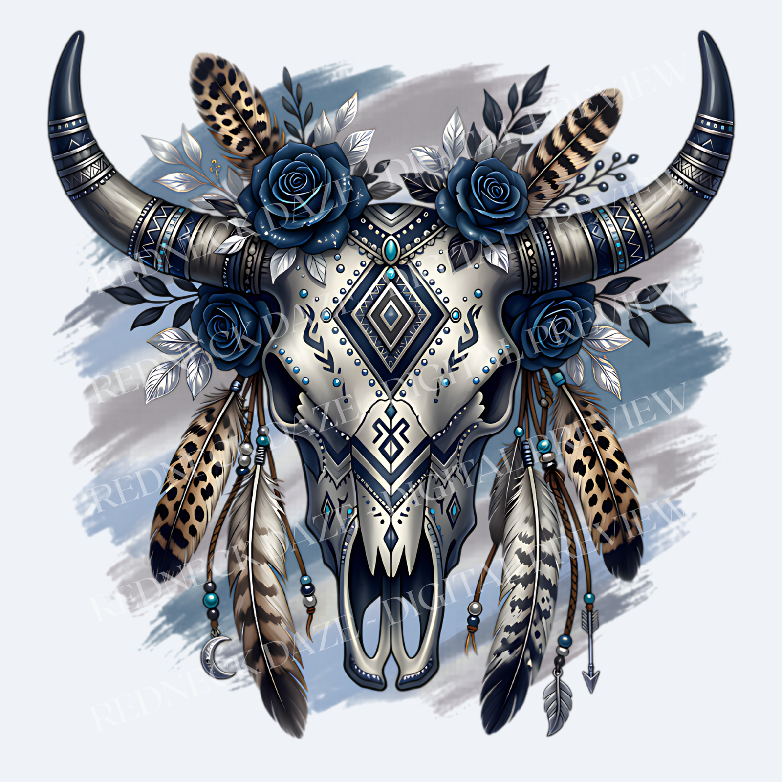 Blue Western Cow Skull with Roses & Feathers PNG (Digital Download) - Image 2